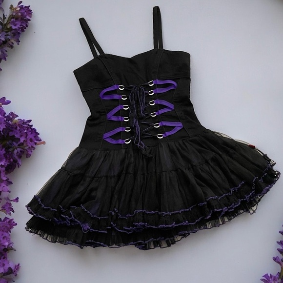 Tripp NYC Purple Black Lace up Corset Mesh tutu mini dress vintage y2k goth L